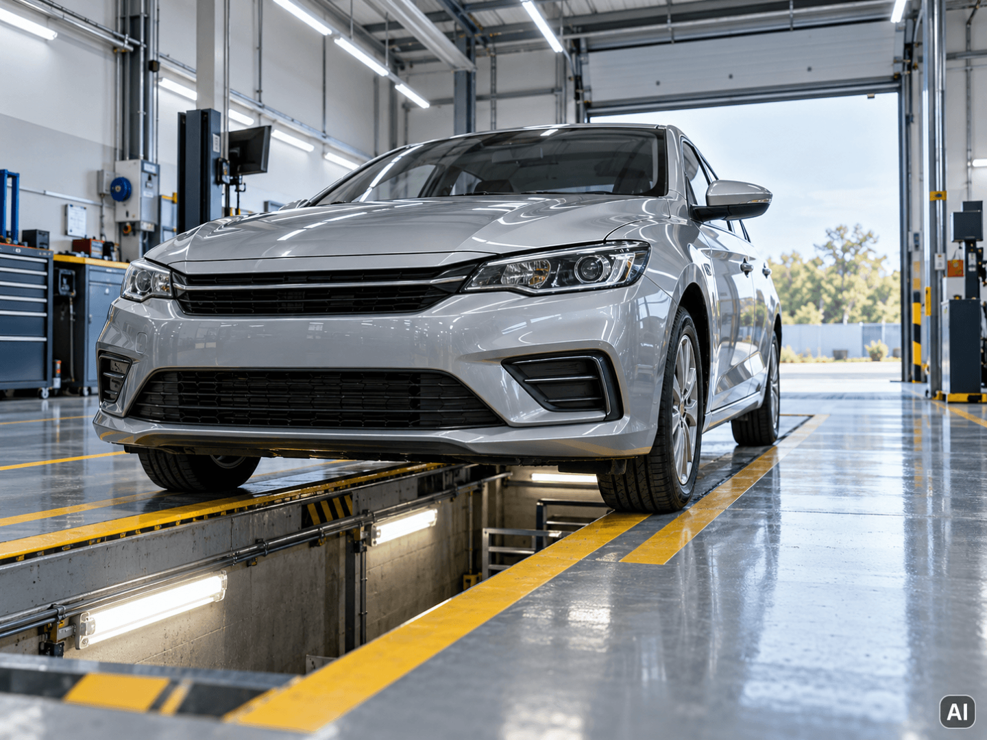 Srebrny sedan nad kanałem diagnostycznym
